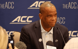 North Carolina men's basketball coach Hubert Davis answers questions in a breakout session Tuesday at ACC Tipoff in Charlotte.